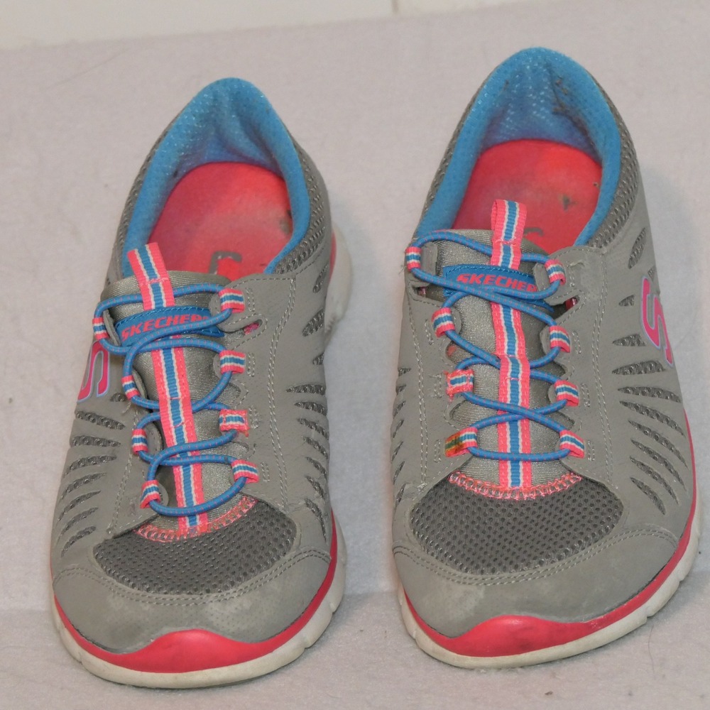 Skechers Women Flex Appeal Sneakers 8.5 Grey Pink Blue Athleisure Neon Grandma